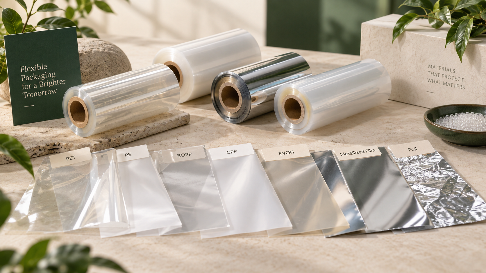Flexible packaging film and barrier material samples